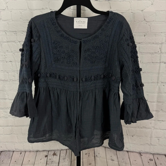 Velvet Graham & Spencer Womens Beaded Embroidered Top Gray Cotton Size Small - Picture 1 of 9